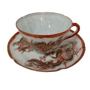 VTG Chinese Porcelain Dragon Tea Cup & Saucer Gold Accent Chinoiserie Marked